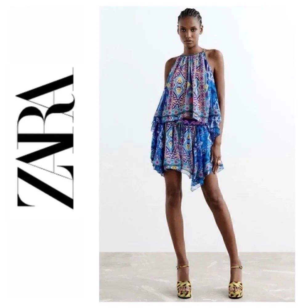 NWT Zara High Waisted Aztec Tribal Printed Asymmetric Hem Pull On Mini Skirt